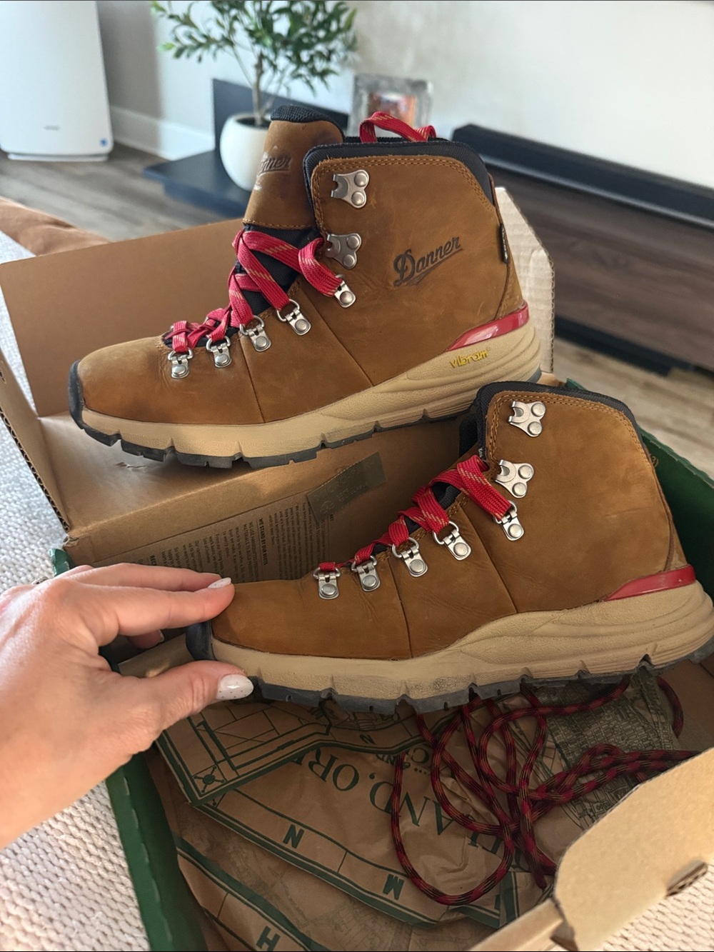Danner Women's Tan Nubuck Lace-Up Hiking Boots with Red Laces